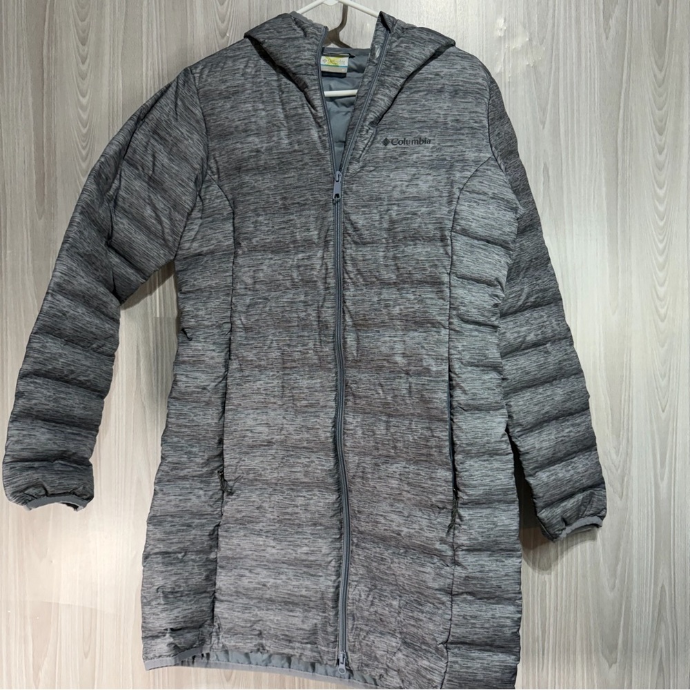 Columbia Womens Gray‎ Down Mid Length Puffer Coat Size M Hooded Outdoor Ski